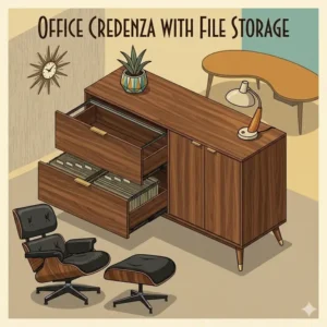 A mid-century style illustration of an office credenza with file storage and a sunburst clock.