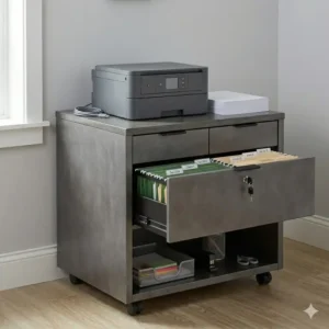 Close-up of a black metal file cabinet table showing deep drawers for letter-sized hanging folders.