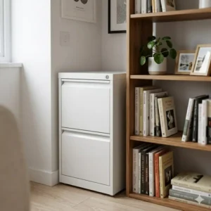 Illustration 2: A vertical slimline filing cabinet tucked into a tight corner between a wall and a bookshelf.