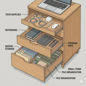 Illustration 2: Internal view of the storage compartments and organized drawers inside a standing desk cabinet.