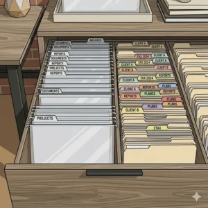 Illustration 2: Interior view of a wide 3 drawer lateral file cabinets showing letter and legal-sized hanging folders.