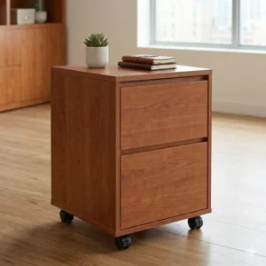 Compact and mobile office furniture filing cabinet wood equipped with smooth-rolling wheels.