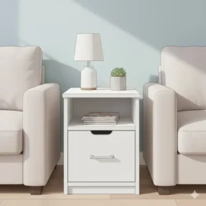 A slim white end table with file drawer positioned between a sofa and a wall.