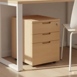 Compact two drawer wooden filing cabinet designed for small under-desk storage.