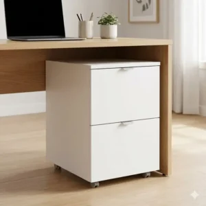 Compact white office desk cabinets designed to fit perfectly under a standard height workstation.