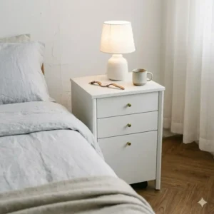 A small white file cabinet side table used as a bedside table in a minimalist bedroom.