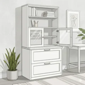 A white Shaker-style file cabinet with hutch unit for a bright and professional workspace.