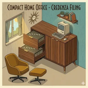 An illustration of a compact home office featuring an office credenza with file storage.