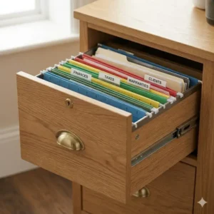 An illustration of the open drawer of a two drawer oak file cabinet, displaying organized hanging files.