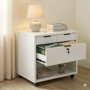 A white file cabinet table used as a bedroom nightstand with a lamp and books on top.