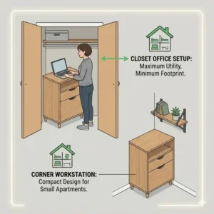 Illustration 3: Space-saving standing desk cabinet positioned in a small apartment corner to maximize workspace.