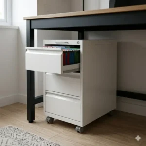 Illustration 3: A compact 3-drawer slimline filing cabinet with wheels fitting perfectly under a standard office desk.