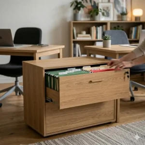 Wide lateral office desk cabinets used for organizing legal and letter-sized documents in a professional setting