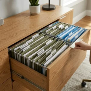 An executive office setting featuring a dark walnut credenza with file drawers for document management.