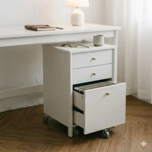 Mobile rolling file cabinet side table with wheels positioned under a white wooden desk.