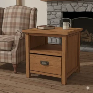 Rustic oak end table with file drawer featuring a bottom drawer and vintage metal hardware.