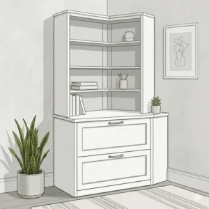Compact vertical file cabinet with hutch designed for small office corners and vertical storage.