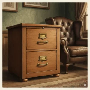 Illustration of a vintage-style two drawer wooden filing cabinet with brass handles.
