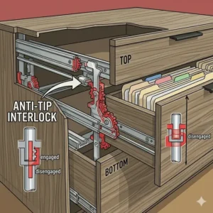 Illustration 4: Diagram showing the anti-tip interlocking system on 3 drawer lateral file cabinets to prevent multiple drawers from opening at once.