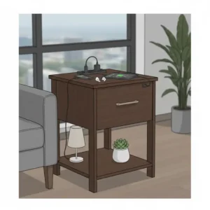 A multi-functional end table with file drawer and integrated USB charging ports on the tabletop.