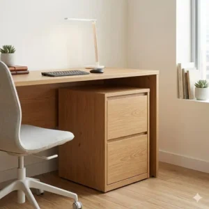 A minimalist home workspace setup including a small office furniture filing cabinet wood tucked under the desk.