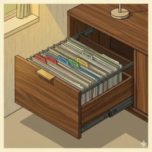 A close-up illustration of hanging file folders inside an office credenza with file storage drawer.