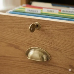 An illustration demonstrating the secure locking mechanism on the top drawer of a two drawer oak file cabinet.