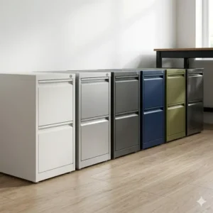 Illustration 4: A row of slimline filing cabinet units in various colors including charcoal, silver, and navy blue.