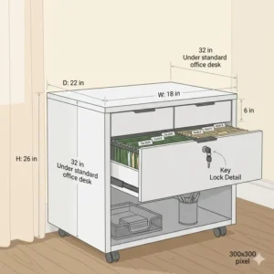 A small file cabinet table with dimensions showing it fits perfectly under a standard office desk.