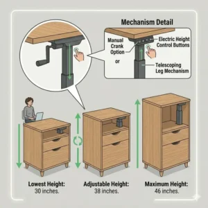 Illustration 4: Detailed graphic of the manual and electric height adjustment mechanisms on a standing desk cabinet.