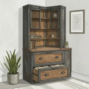 Industrial-style metal frame file cabinet with hutch featuring rustic wood shelves and mesh doors.