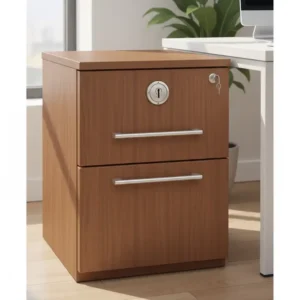 A secure two drawer wooden filing cabinet featuring a built-in lock for document privacy.
