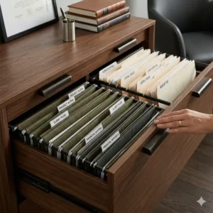 A mid-century modern aesthetic applied to a functional credenza with file drawers for a retro workspace.