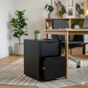 Minimalist black metal office desk cabinets with a matte finish for a contemporary professional look.