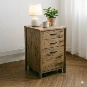 Rustic oak file cabinet side table decorated with a lamp and a houseplant on top.