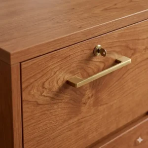 Close-up showing the high-quality natural grain and texture of an office furniture filing cabinet wood.