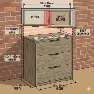 Illustration 5: Illustration showing the height and width measurements of standard 3 drawer lateral file cabinets for office space planning.