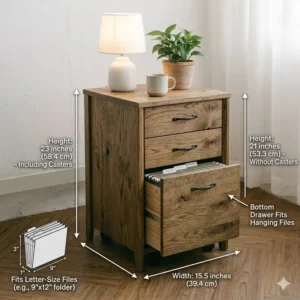 Technical drawing showing the dimensions of a compact file cabinet side table for home use