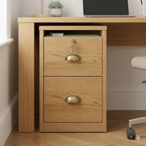 An illustration showcasing a two drawer oak file cabinet neatly fitting into a small, compact corner space.