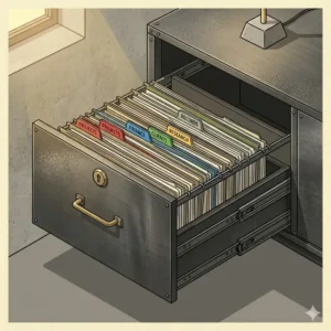 An illustration of an industrial-style metal office credenza with file storage cabinets.