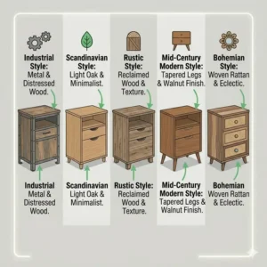Illustration 5: Comparison of different aesthetic styles and wood finishes available for a standing desk cabinet.