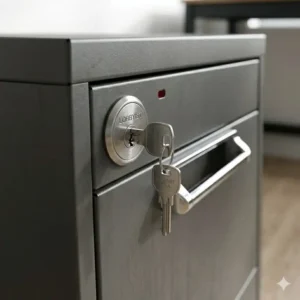 Illustration 5: Close-up of a high-quality lock and key mechanism on a heavy-duty steel slimline filing cabinet.