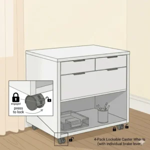 Mobile file cabinet table on lockable caster wheels for easy movement in a workspace.