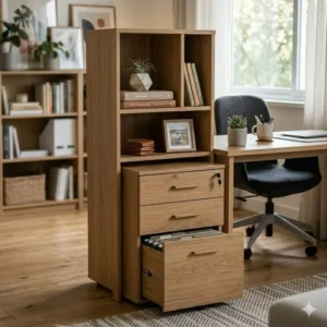 Modular office desk cabinets featuring a mix of closed drawers and open shelving for office decor.