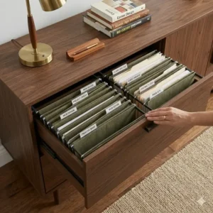 Interior view illustration of an open credenza with file drawers showing organized hanging file folders.