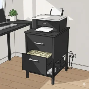A sturdy black end table with file drawer used as a printer stand in a compact workspace.