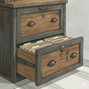 Close-up of a secure file cabinet with hutch drawers showing locking mechanisms for confidential document storage.