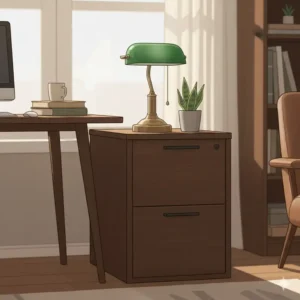 Dark walnut two drawer wooden filing cabinet styled with a desk lamp and plant.