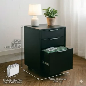 Sleek black office file cabinet side table featuring a deep bottom drawer for hanging folders.