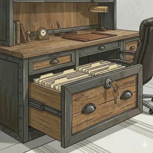 An executive-style file cabinet with hutch combo positioned next to a matching desk in a corporate office.